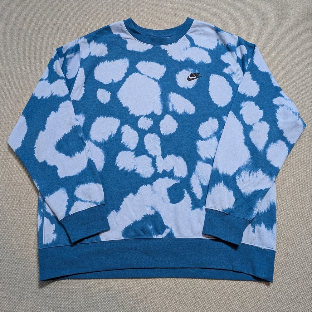 NIKE Men's Sweatshirt XL Blue Bleach Tie Dye Cotton Blend Pullover Psychedelic
